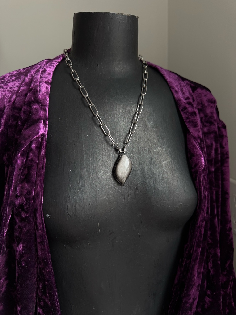 Silver sheen obsidian crystal necklace pendant jewelry for protection witchy